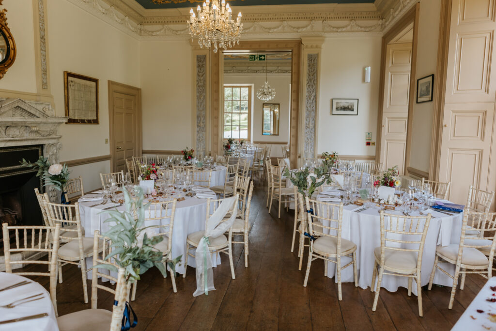 The breakfast room at Crowcombe Court during a summer wedding in Somerset, captured by a Crowcombe Court wedding photographer.