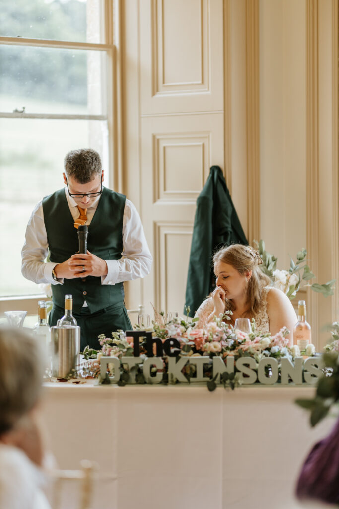 Speeches at Crowcombe Court during a summer wedding in Somerset, captured by a Crowcombe Court wedding photographer.