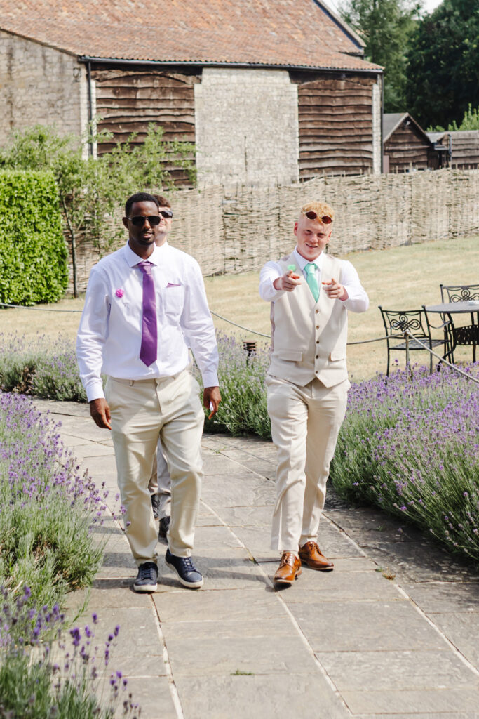 Groomsmen arriving at The Watermill at Priston Mill near Bath