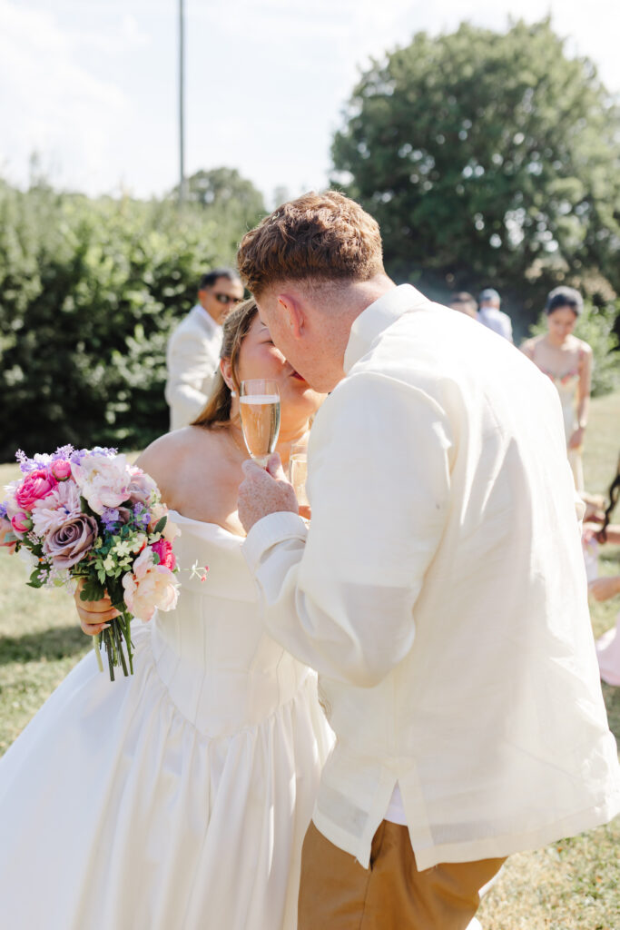 First drink as newlyweds at Priston Mill near Bath