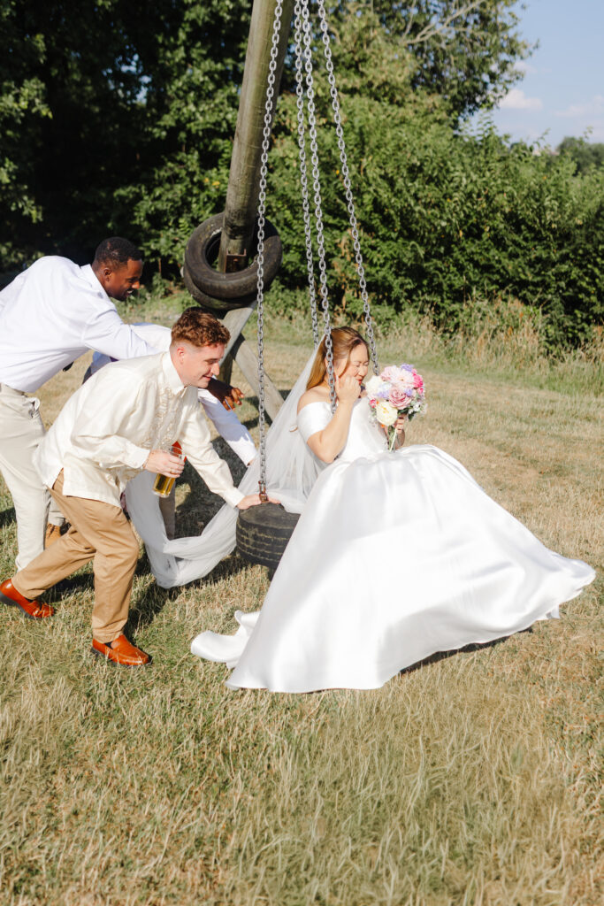 Bride on swing at Priston Mill near Bath