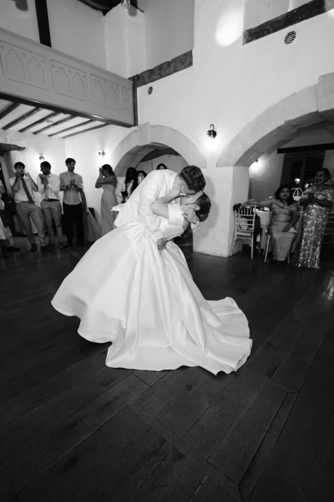 First dance dip kiss in The Watermill at Priston Mill near Bath