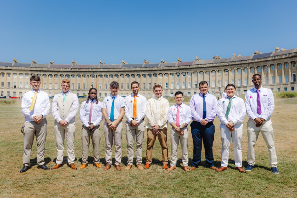 Groom and groomsmen at the Royal Crescent in Bath